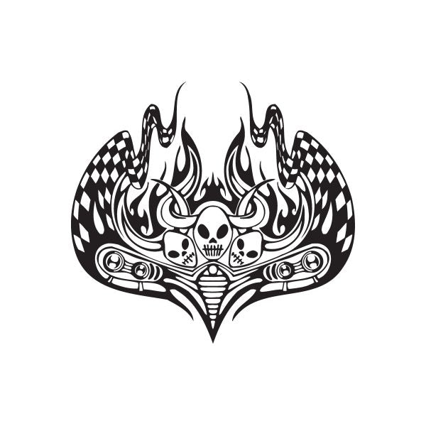 Racing skull flame vinyl wall decal with checkered flag accents, black and white