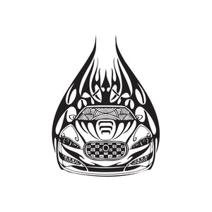 Flame-shaped racing graphic vinyl wall decal, black and white stylized engine design