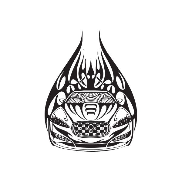Flame-shaped racing graphic vinyl wall decal, black and white stylized engine design