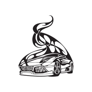 Racing car vinyl wall decal, black-and-white flame graphic
