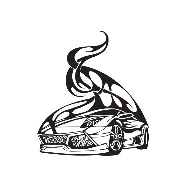 Racing car vinyl wall decal, black-and-white flame graphic