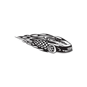 Racing car vinyl wall decal, black graphic with checkered flag and swirl details
