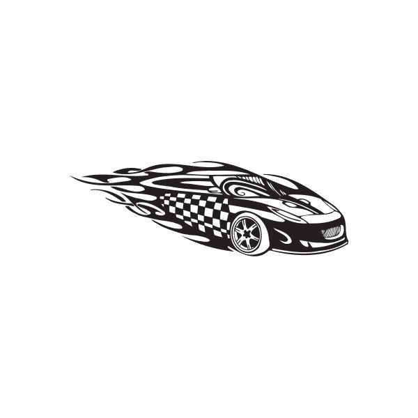 Racing car vinyl wall decal, black graphic with checkered flag and swirl details