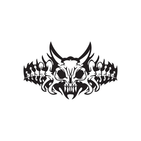 Racing skull and flame vinyl wall decal, black graphic with horns