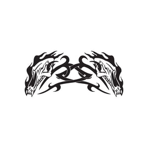 Racing graphic wall decal, two flame skull heads with crossed emblem, black and white