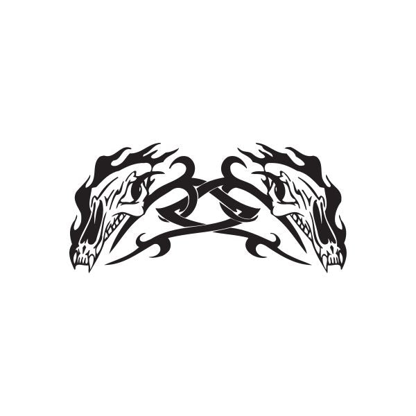 Racing graphic wall decal, two flame skull heads with crossed emblem, black and white