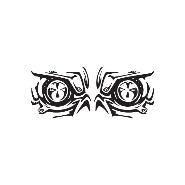 Racing vinyl wall decal with twin tire-eye graphic in black and white