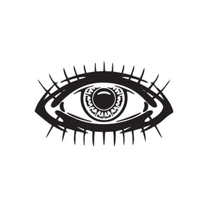Racing graphic wall decal with stylized eye and speed lines, black and white