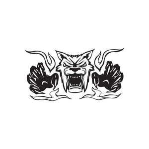 Racing graphic wall decal with snarling monster face and claw hands in black and white