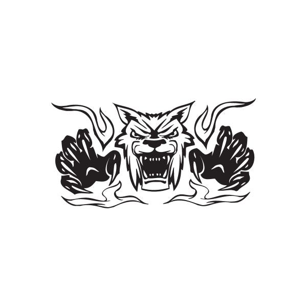 Racing graphic wall decal with snarling monster face and claw hands in black and white