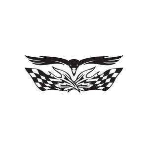 Racing graphic wall decal: black and white winged emblem with checkered flags