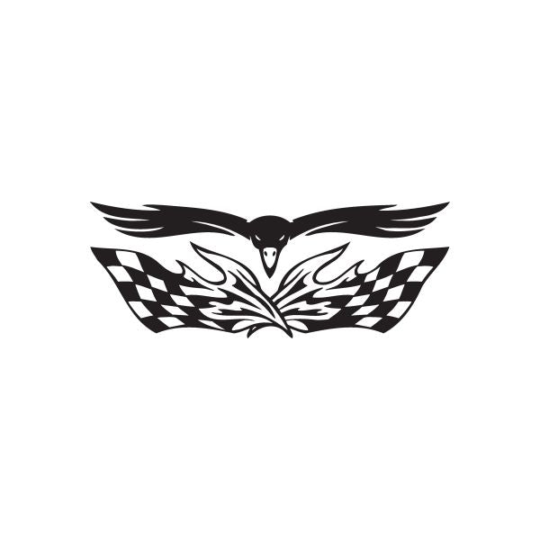 Racing graphic wall decal: black and white winged emblem with checkered flags