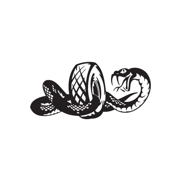 Black and white racing graphic wall decal with coiled snake-like emblem and stripes