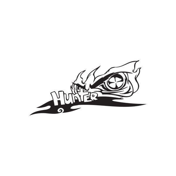 Racing graphic wall decal with black eye, flames, and 'Hunter' text