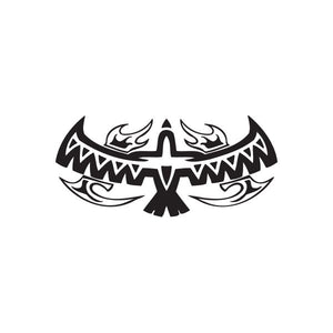 Racing graphic wall decal of black and white winged emblem with flame details