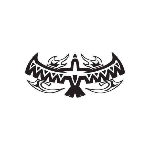 Racing graphic wall decal of black and white winged emblem with flame details