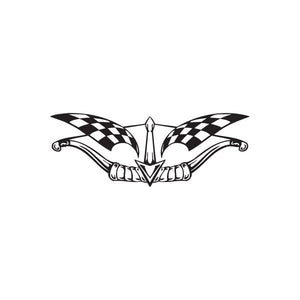 Racing graphic wall decal with checkered wings and central emblem, black and white