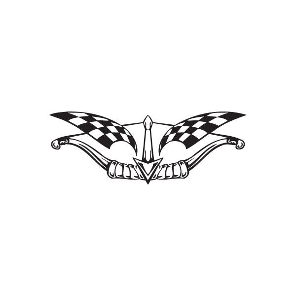Racing graphic wall decal with checkered wings and central emblem, black and white