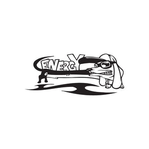 Racing graphic vinyl wall decal with cartoon dog driving car and Energy logo