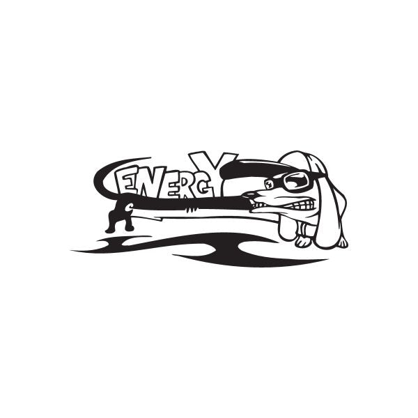 Racing graphic vinyl wall decal with cartoon dog driving car and Energy logo