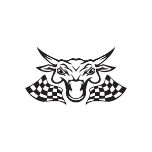 Racing bull head wall decal with checkered flags and black-and-white detailing
