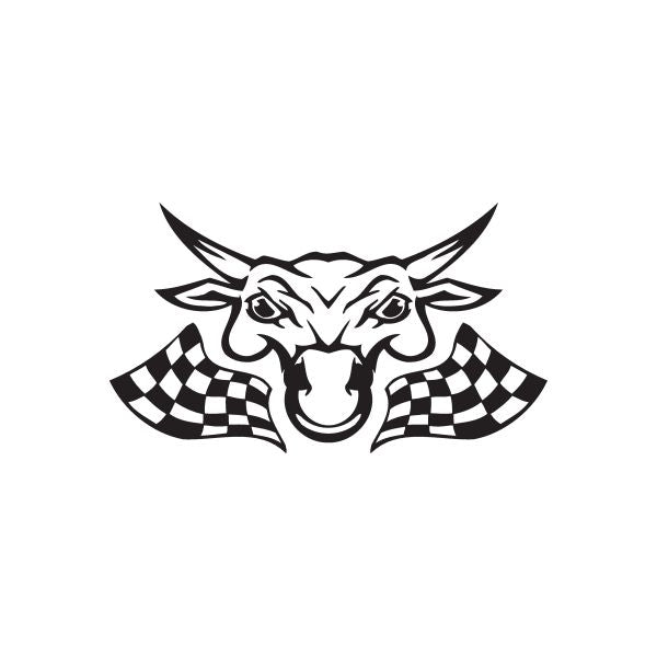 Racing bull head wall decal with checkered flags and black-and-white detailing