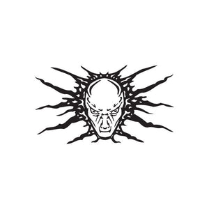 Racing skull wall decal with black sunburst wings, vinyl graphic