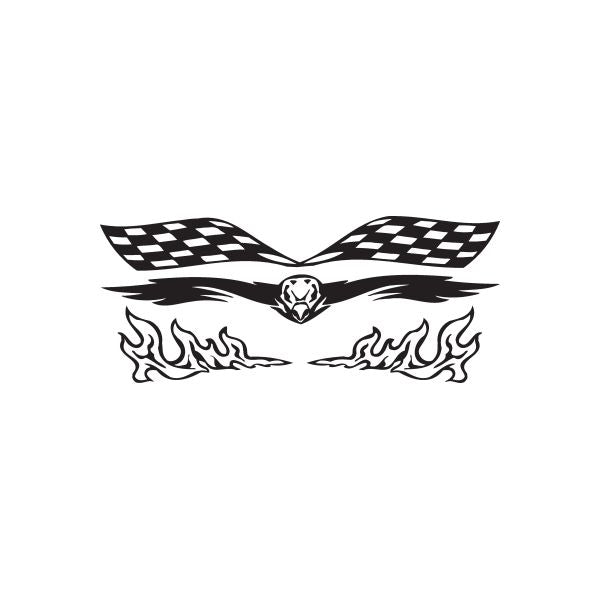 Racing graphic wall decal with checkered wings, flames, and center emblem, black and white