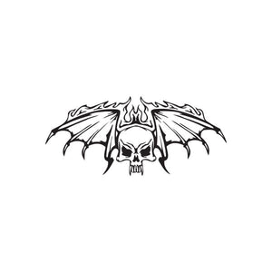 Racing graphic wall decal: black skull with flames and wings, vinyl style