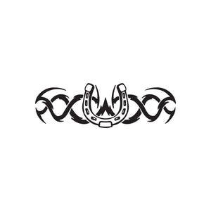 Racing horseshoe wall decal with wings and tribal accents, black and gray.