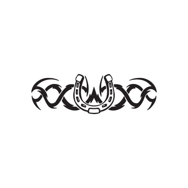 Racing horseshoe wall decal with wings and tribal accents, black and gray.