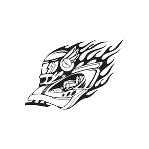 Racing helmet decal with headlight flame graphics, black and white helmet side view