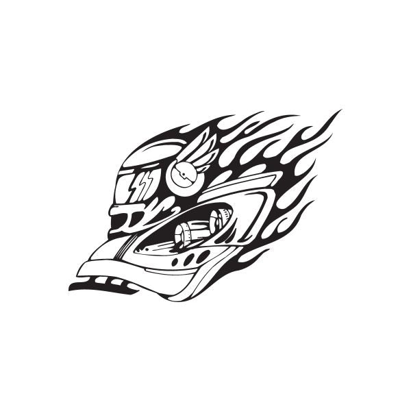 Racing helmet decal with headlight flame graphics, black and white helmet side view