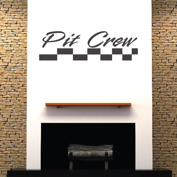 Pit Crew wall decal with black cursive text and checkered racing strip