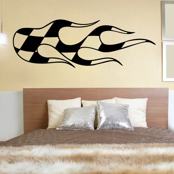 Racing vehicle pinstripe vinyl decal with black checkered stripe and flame graphics