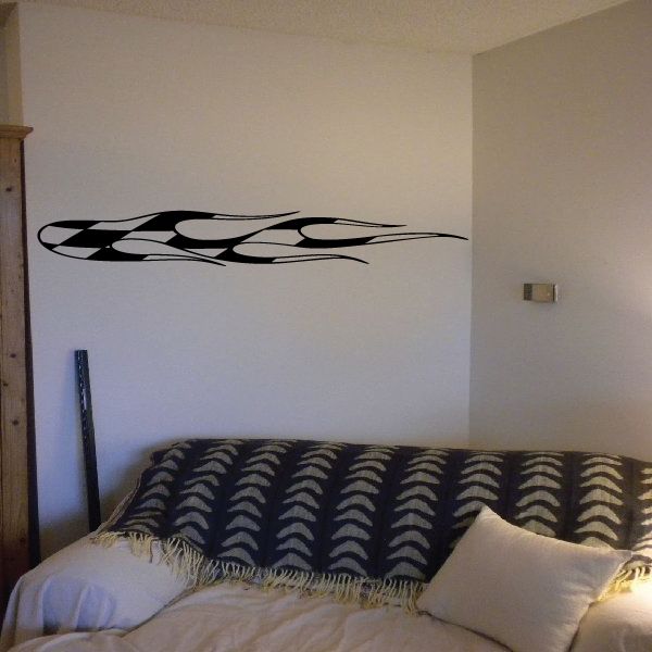 Racing pinstripe vinyl wall decal with black flame-style flames on white background