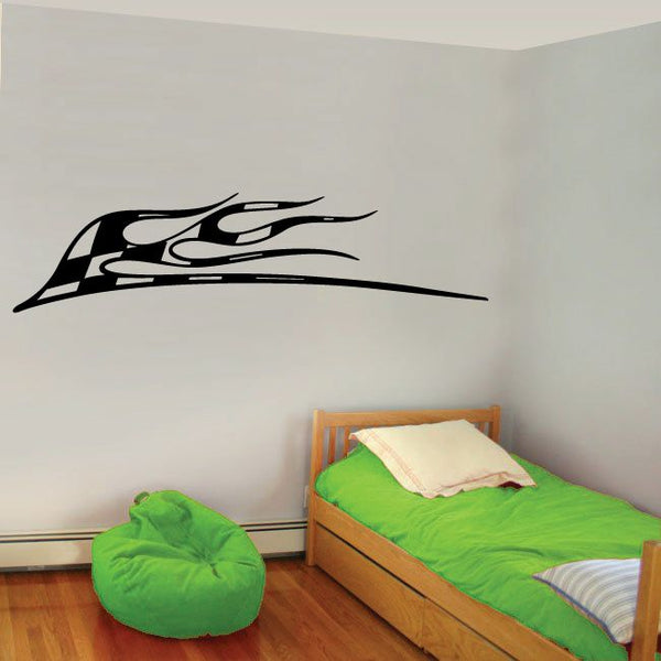 Black racing vehicle pinstripe vinyl wall decal with stylized flame streak