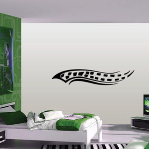 Racing vehicle pinstripe vinyl decal with black checkered swoosh design