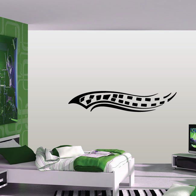 Racing vehicle pinstripe vinyl decal with black checkered swoosh design