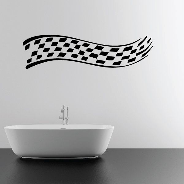 Racing checkered pinstripe vinyl decal with swooping black banner