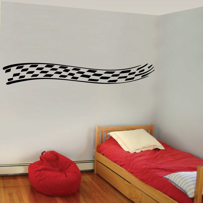 Racing pinstripe vinyl decal with black checkered racing stripe, curved