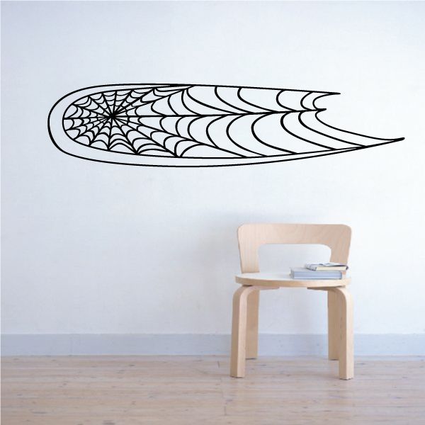 Curved racing pinstripe vinyl decal with black spiderweb wing pattern, white background