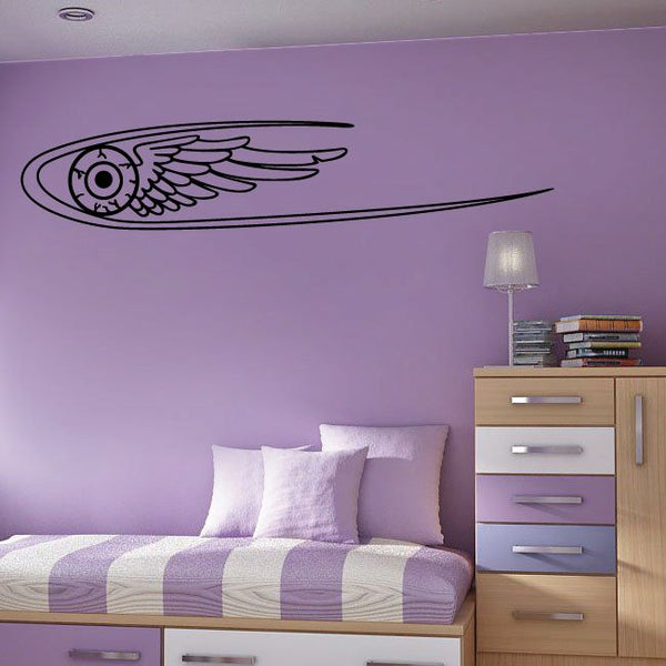 Racing vehicle pinstripe black vinyl wall decal with winged wheel emblem and swoosh line