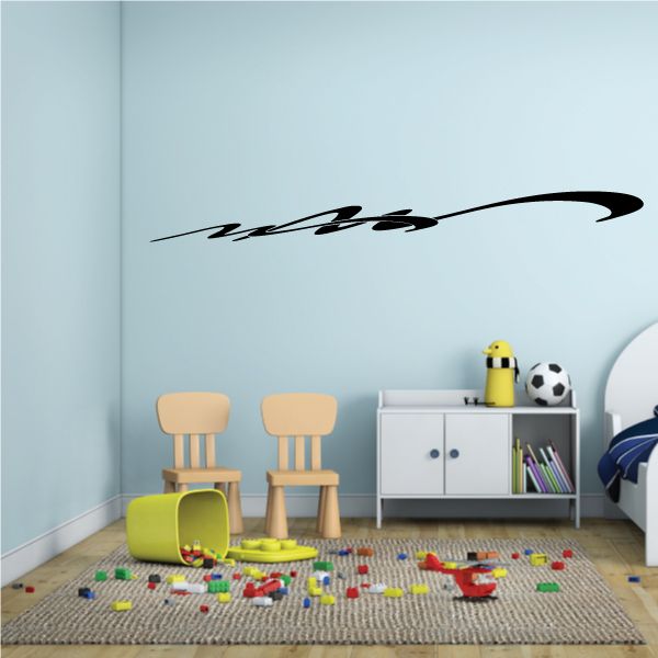 Black racing pinstripe vinyl decal with swoosh on light wall.