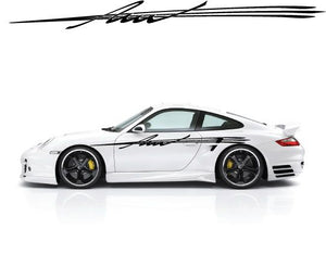 Racing pinstripe vinyl decal set, black stripes with script on white sports car