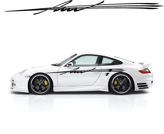 Racing pinstripe vinyl decal set, black stripes with script on white sports car