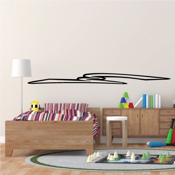 Racing pinstripe vinyl decal of a long race car with black outline and swirl graphic
