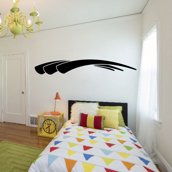 Black racing vehicle pinstripe vinyl decal with streamlined stripe swoosh on wall
