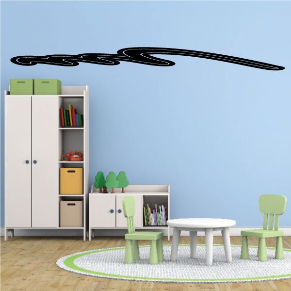 Racing vehicle pinstripe vinyl wall decal, black swoosh graphic for cars and walls.