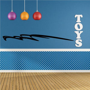 Racing pinstripe vinyl decal with black swoosh and vertical TOYS lettering
